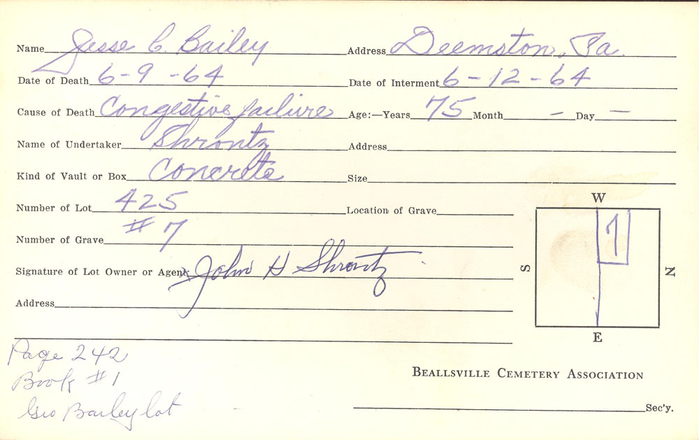 Jesse Curtis Bailey burial card